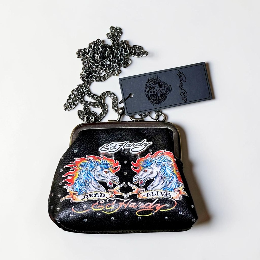 Ed Hardy Black Crossbody Coin Bag with Multicolor Lion Graphics
